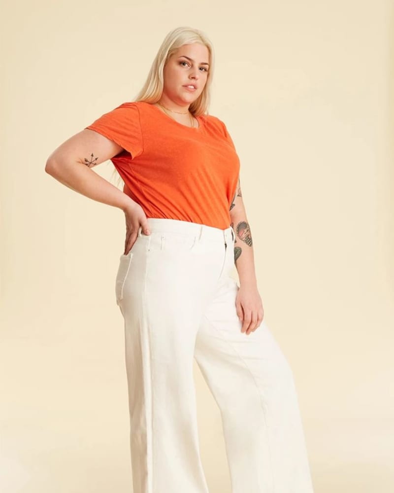 Front of a model wearing a size 24X35 NCE PLUS - WIDE LEG | WHITE in WHITE by Warp + Weft. | dia_product_style_image_id:280035